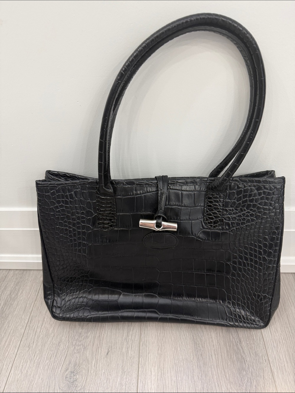 Longchamp Black Croc-Embossed Shoulder Tote with Silver Accent
